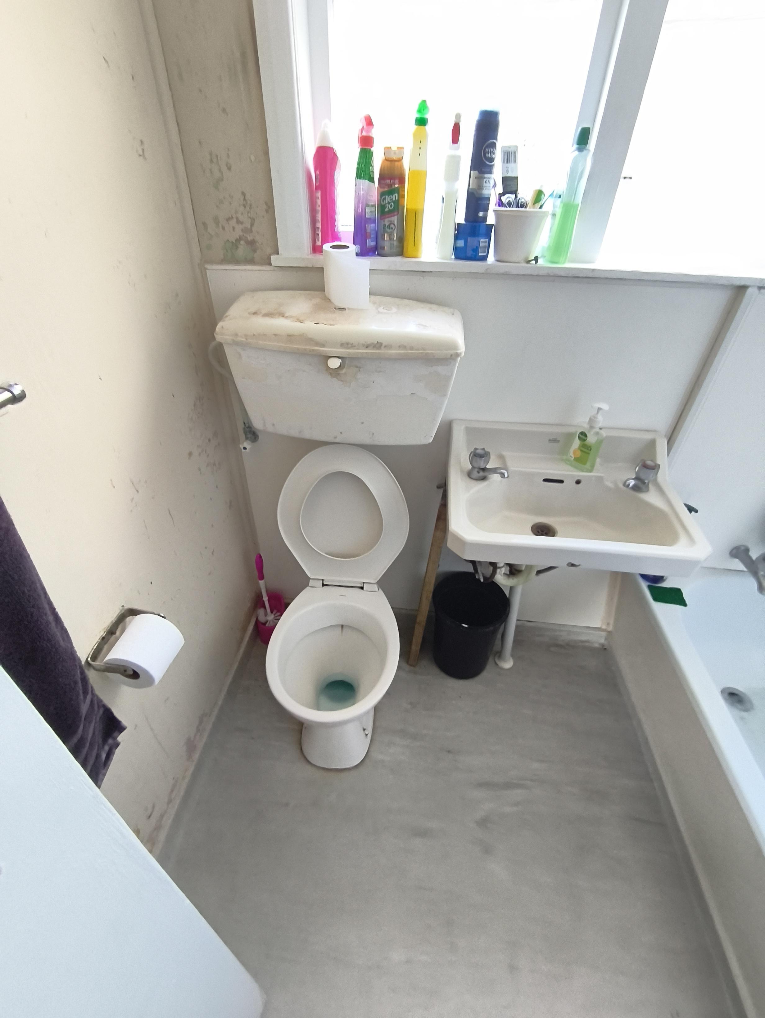 The bathroom before the rebuild - a worn toilet cistern, dated basin and peeling wall paint